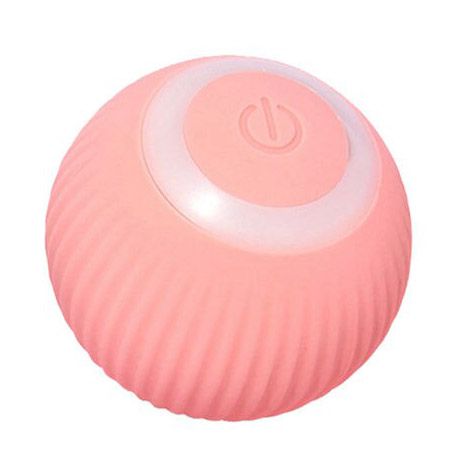 A pink, ribbed, spherical device with a power button symbol on the top, this USB-charged gadget doubles as an interactive glowing cat toy that will keep your feline entertained for hours—9484-306e02.jpg.