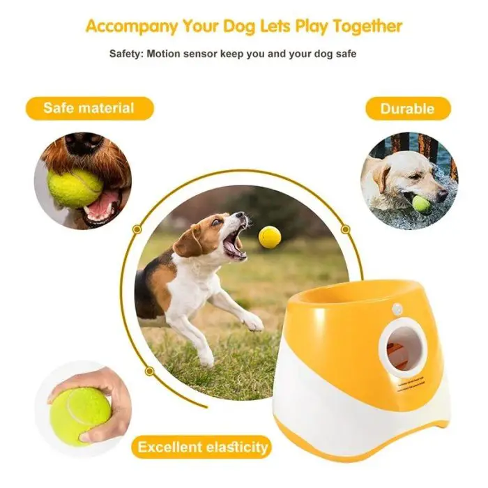 An advertisement showcasing a 9491-abc610.jpg with a playful dog fetching. The text highlights features such as safe material, durability, and excellent elasticity for endless hours of fun.