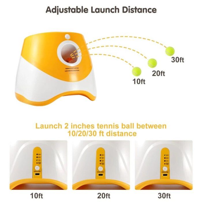 A dog ball launcher with adjustable launch distances set to 10, 20, and 30 feet. Three images below show the interactive launcher with settings highlighted for each distance (9491-d8a816.jpg).