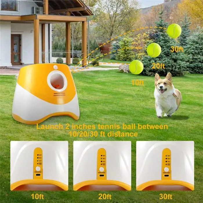 An interactive dog toy, the 9491-e9b268.jpg offers adjustable distances (10ft, 20ft, 30ft) and is placed on a lawn in front of a house. A small dog chases the ball mid-air, showcasing the excitement and fun of this pet play equipment.