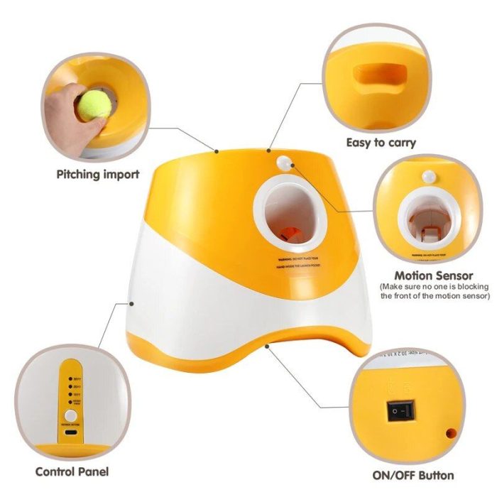 Interactive automatic tennis ball launcher with various features including a pitching port, control panel, on/off button, motion sensor, and easy to carry handle. Perfect for a fun game of fetch with your dog! (Product Name: 9491-f8870e.jpg)