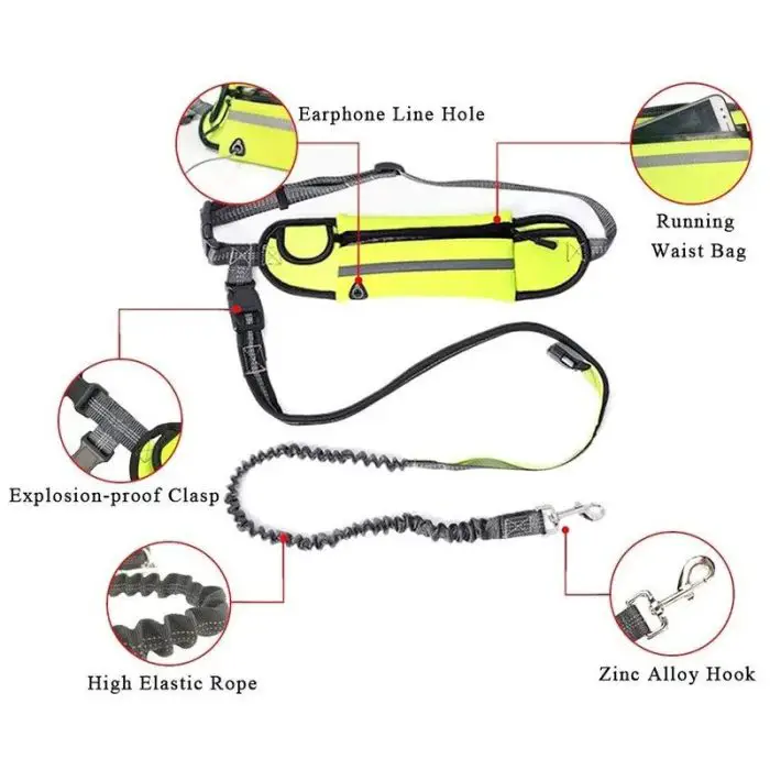 A running waist bag with an earphone line hole, explosion-proof clasp, high elastic rope, and zinc alloy hook, designed for hands-free dog walking. This versatile waist bag also doubles as a reflective dog leash for safe nighttime strolls (10006-1b6f6c.jpg).