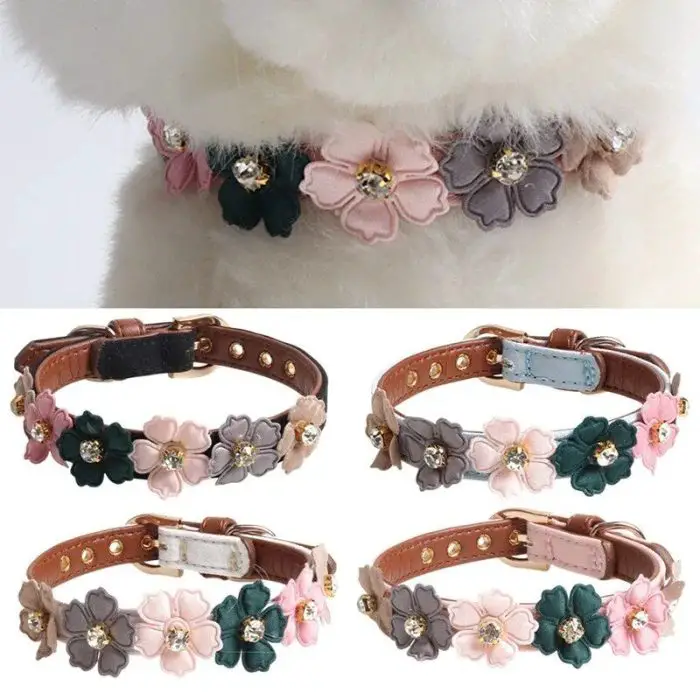 A close-up of a dog wearing a floral, adjustable collar, with four variations of the 10014-ab372d.jpg collars displayed below it in different color combinations.