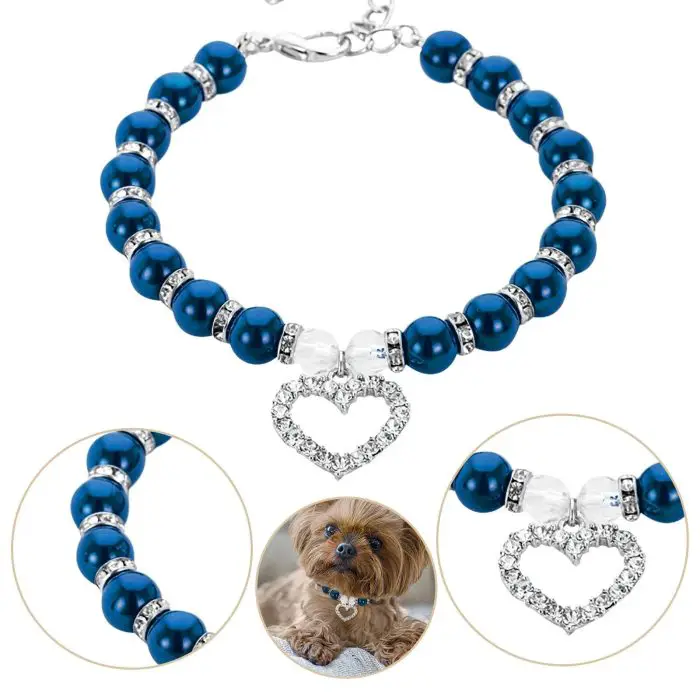 A blue and white beaded bracelet with a heart-shaped charm, interspersed with delicate pearls. Insets show details of the beads and charm, along with a small dog wearing the 10030-e1afe1.jpg as a necklace.