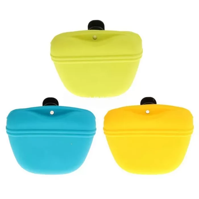 Three silicone pouches in green, blue, and yellow are displayed. Each 10081-baaa61.webp has a button on top and a seam running horizontally across the middle.