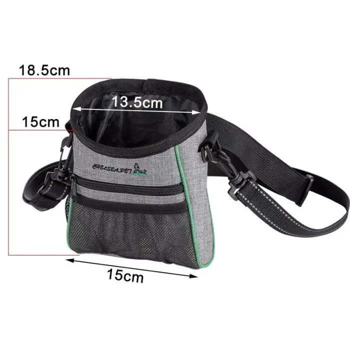 A multi-functional gray and black pet treat pouch with a shoulder strap, 10113-167911.jpg is perfect for dog training. Measurements are 18.5 cm tall, 13.5 cm wide at the top, and 15 cm wide at the bottom, making it an ideal snack bag for all your pet's treats.