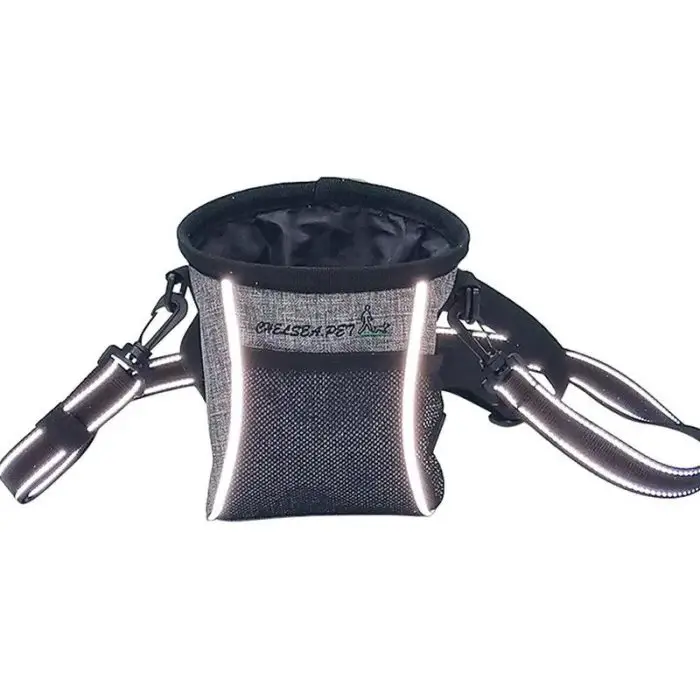 A black and gray portable pet treat pouch with adjustable straps and reflective trim, ideal for dog training sessions. The multi-functional design ensures you have everything you need on hand. The product name is 10113-48de4d.jpg.