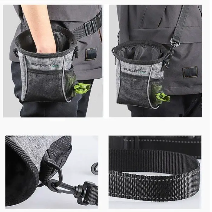 A gray and black dog treat pouch with a built-in waste bag dispenser, a drawstring top, multiple pockets, and an adjustable belt and clip, shown from various angles. This 10113-622dd6.jpg is perfect for dog training sessions.