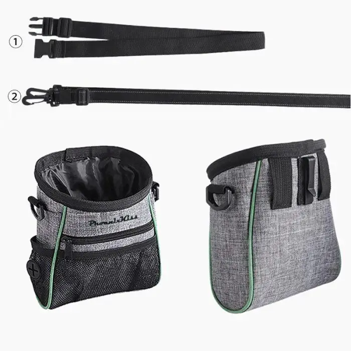 Sure, here is the revised sentence with the given product name:

"10113-cf7af4.jpg, including an adjustable black nylon strap with buckles, and a multi-functional grey treat pouch with mesh pockets, a drawstring top, and green trim details.