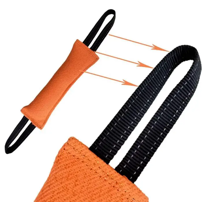 An orange strap with a black loop at each end is shown at different angles, highlighting its design and construction, ideal for use as a 10126-b7cd2d.jpg.