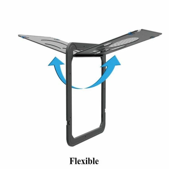 Image of a black folding laptop stand in an open position, illustrating its flexible adjustment capabilities with blue arrows. The word "Flexible" is written at the bottom of the image. This 10150-02724a.jpg offers a safe and stylish workspace solution without compromising on functionality.