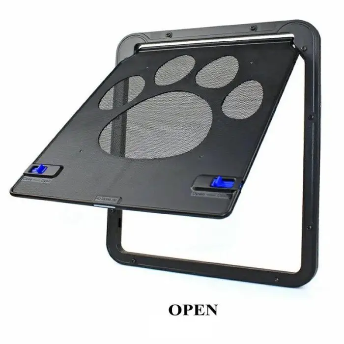 A 10150-12fd7d.jpg with a large paw print design is shown in the open position. This lockable magnetic pet door features blue locking mechanisms on the bottom corners, making it perfect for both cats and dogs. Easy to install, it offers convenience and security for your furry friends.