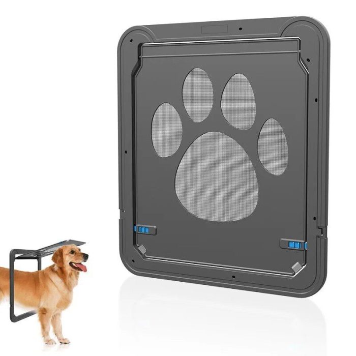 A large, square lockable magnetic pet door with a paw print design. A small image on the bottom-left shows a golden retriever using the same type of door. Easy to install, it's perfect for homes with both cats and dogs. (Product Name: 10150-edc62d.jpg)