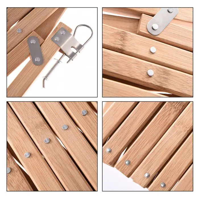 Collage of four close-up images showcasing metal hinges and screws on wooden slats, along with a metal latch and spring mechanism, illustrating the components of 10160-170330.jpg.