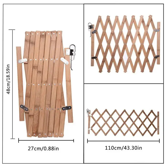 Illustration showing dimensions of a foldable wooden safety gate. The 10160-adfd53.jpg measures 48cm high, 27cm when folded, and extends to 110cm in width when fully expanded.