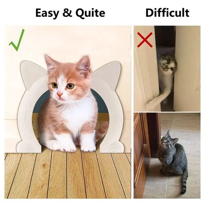 A comparison featuring two sections: "Easy & Quite" with a kitten sitting inside a cat-shaped hole from 10166-26e4d6.jpg, and "Difficult" with photos of cats struggling to enter through doors.