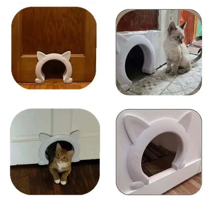 Four images showcase different perspectives of a 10166-d07f50.jpg with a cat silhouette, installed in various doors. Two images feature cats using the door, and two highlight the door alone.