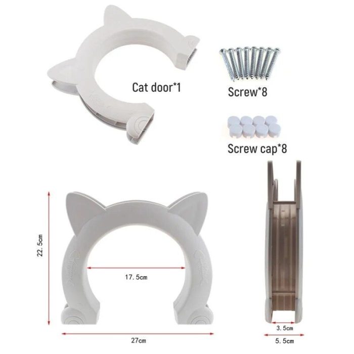 10166-e969be.jpg includes one cat-shaped, 4-way lockable cat door, eight screws, and eight screw caps. Door measures 27 cm wide, 22.5 cm tall, with an inner diameter of 17.5 cm. Side view width is 3.5 cm—perfect for your feline friend or as a small dog door.