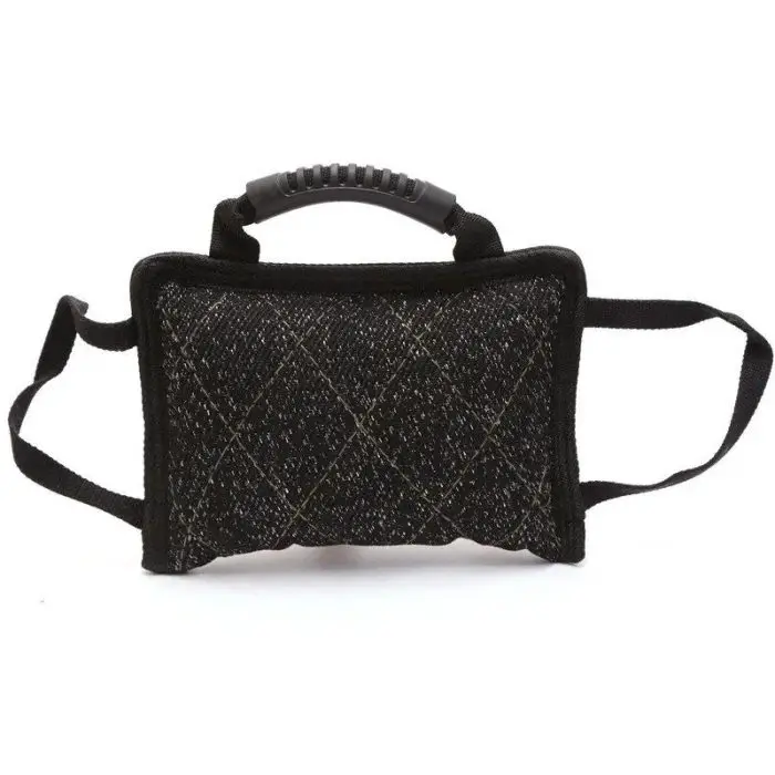 A small black quilted bag with a textured grip handle and two black adjustable straps on either side, designed akin to a 10178-2284e9.jpg for durability.