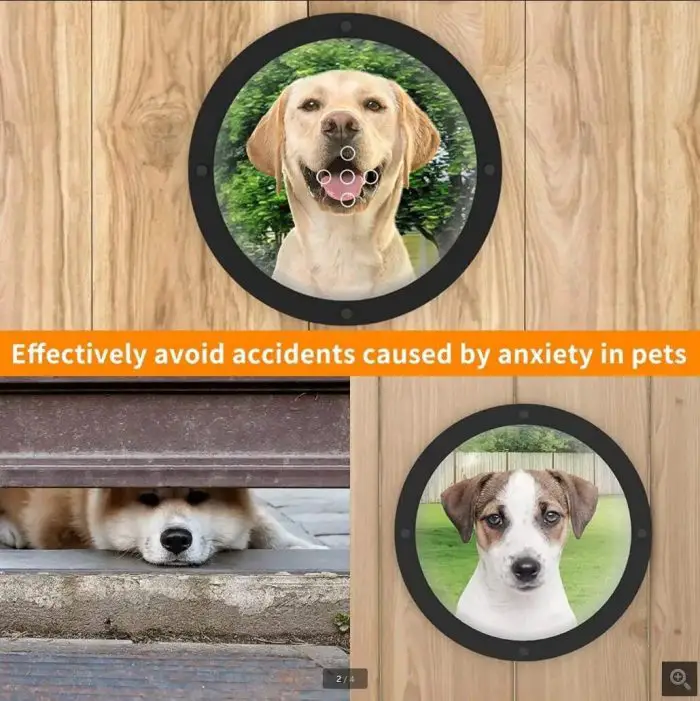 Three images show pets looking through circular windows or openings, with the text "Effectively avoid accidents caused by anxiety in pets" above the photos. These 10188-b4149c.jpg, featuring durable acrylic fence window designs, provide a safe and engaging view for cats and dogs alike.