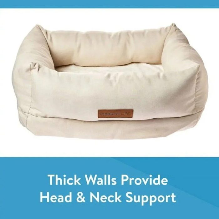 A cream-colored rectangular orthopedic pet bed with thick padded walls. A brown label is on the front, and the text below reads, "Thick Walls Provide Head & Neck Support." Ideal as a pet bed for small dogs or cats. Product Name: 10199-7c67ec.jpg