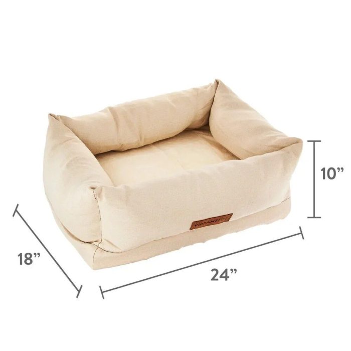 A rectangular beige orthopedic pet bed with dimensions 24 inches long, 18 inches wide, and 10 inches tall, perfect for cats and small dogs (Product Name: 10199-d1a4ea.jpg).