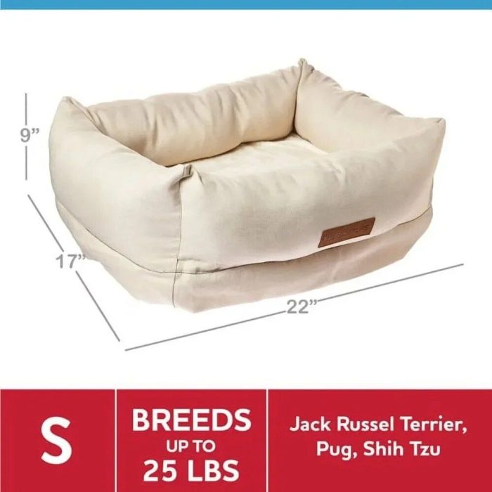 A small, beige orthopedic pet bed with dimensions 22" x 17" x 9", suitable for breeds up to 25 lbs such as Jack Russell Terrier, Pug, and Shih Tzu. Ideal for both small dogs and cats seeking comfort and support, known as the 10199-f034a6.jpg.