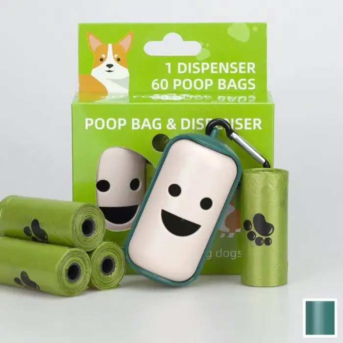 A green package labeled "10207-5e58db.jpg" features a portable dispenser with a smiley face and three rolls of green poop bags adorned with paw prints—perfect for pet owners on the go.