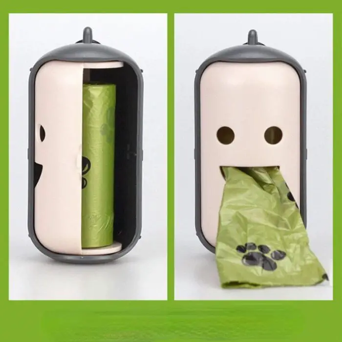 A small beige and gray poop bag dispenser for pets, featuring a portable canvas design. One image shows the side compartment open to reveal the rolls, while the other depicts a bag being dispensed through a face-like front. Product Name: 10207-eb354d.jpg