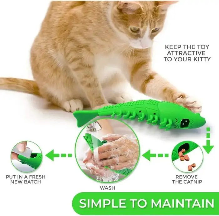 A cat plays with a green fish-shaped, durable rubber toy. Instructions for maintaining the toy are illustrated: insert new catnip, wash the toy, and remove old catnip. This versatile 10222-0372f2.jpg also aids in teeth cleaning. Text reads "SIMPLE TO MAINTAIN.