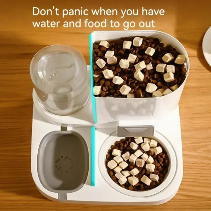 A pet feeding station with a water dispenser, a dish of food, and treats. Text reads: "Don't panic when you have water and food to go out. Includes a stainless steel bowl and 10253-5cf71d.jpg for convenience.