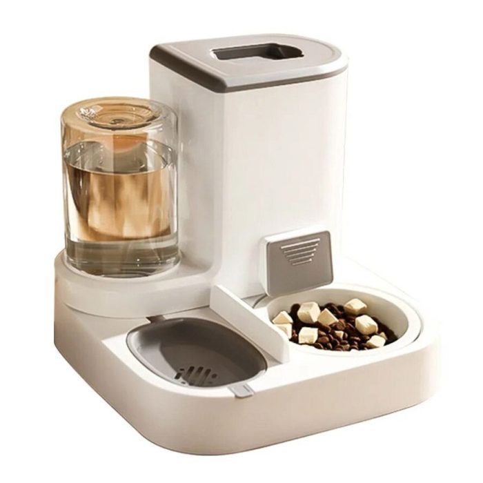 A white 10253-83f958.jpg with a water dispenser on the left, dry food compartments on the right, and a stainless steel bowl.