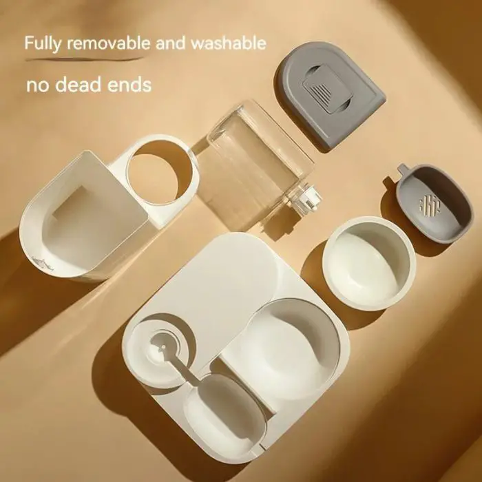 Modular kitchen container set with multiple removable and washable compartments, displayed on a beige background. Text reads: "Fully removable and washable, no dead ends." Also featuring a durable stainless steel bowl for added versatility: 10253-fbc724.jpg.