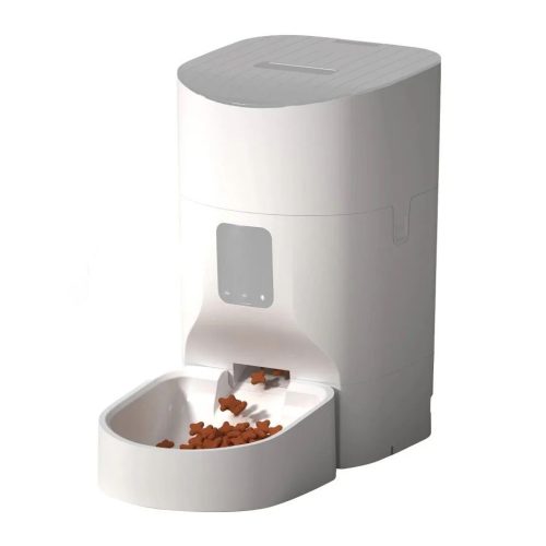 A white 10266-77c03d.jpg with interactive app control dispenses dry pet food into an attached bowl.