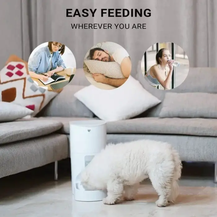 A small white dog eats from a 10266-b8fd41.jpg in a living room. Above, text reads "EASY FEEDING WHEREVER YOU ARE" with images of people working, sleeping, and drinking water. Enjoy convenience with interactive app control and voice recording features.