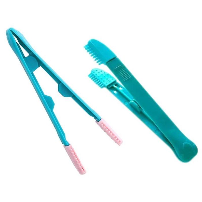 Two blue plastic tongs with pink grips on the tips, displayed from different angles alongside an eye comb brush for added detail, labeled as 10274-42652b.jpg.