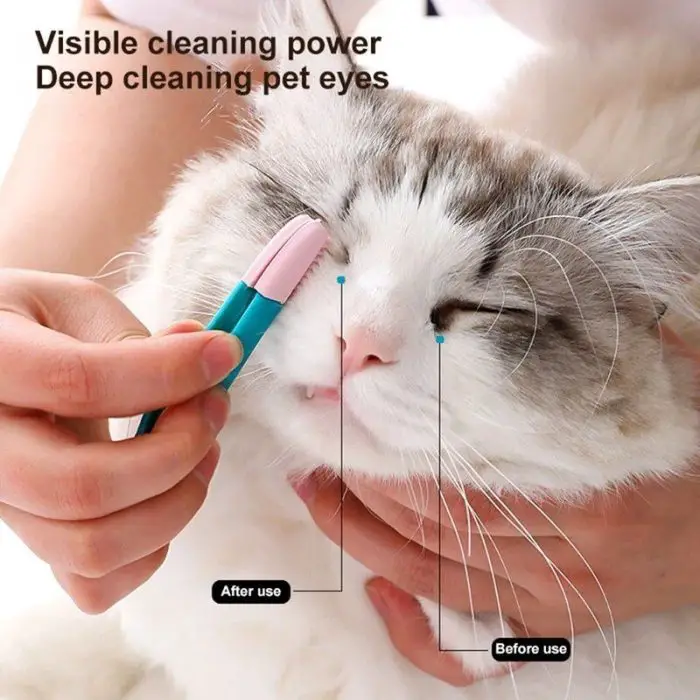 A person uses a teal and pink 10274-5135c7.jpg to clean a cat’s eye area. Text on the image reads: "Visible cleaning power. Deep cleaning pet eyes." Labels indicate "after use" and "before use" results.