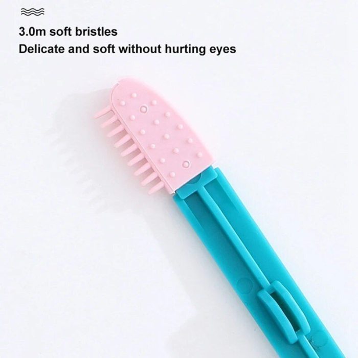 A blue eye comb brush with a pink brush featuring soft bristles, designed to be delicate and gentle for use around the eyes, 10274-d3de1a.jpg.