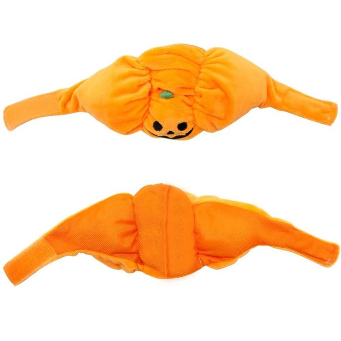 Two orange headbands shaped like pumpkins with smiling jack-o'-lantern faces on one side. The headbands, reminiscent of 10286-f83579.jpg, are made of soft, plush material.