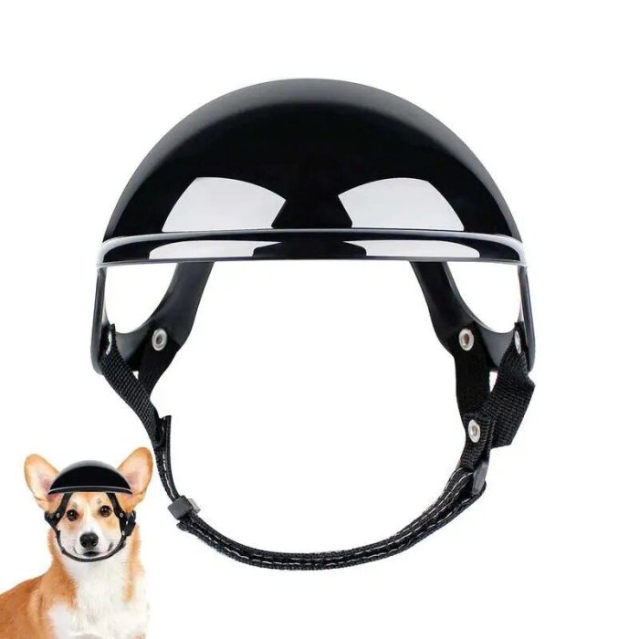 Black pet helmet with chin strap designed for small dogs. Image shows a Corgi wearing the 10297-4d5c93.jpg in the lower left corner.