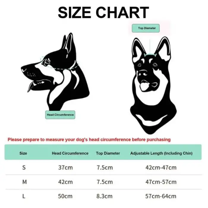 Size chart for 10297-e6f0c1.jpg with illustrations, including pet helmets. Sizes S, M, and L shown with corresponding head circumference, top diameter, and adjustable length in centimeters.