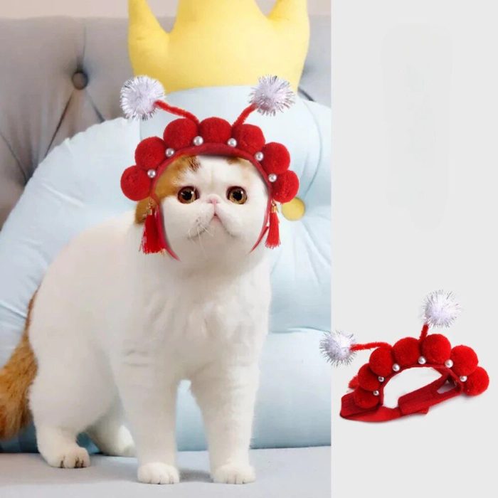 A white and orange pet cat wearing a red decorative headpiece with pom-poms and tassels stands proudly on a couch, with a 10320-32c42c.jpg in the background.