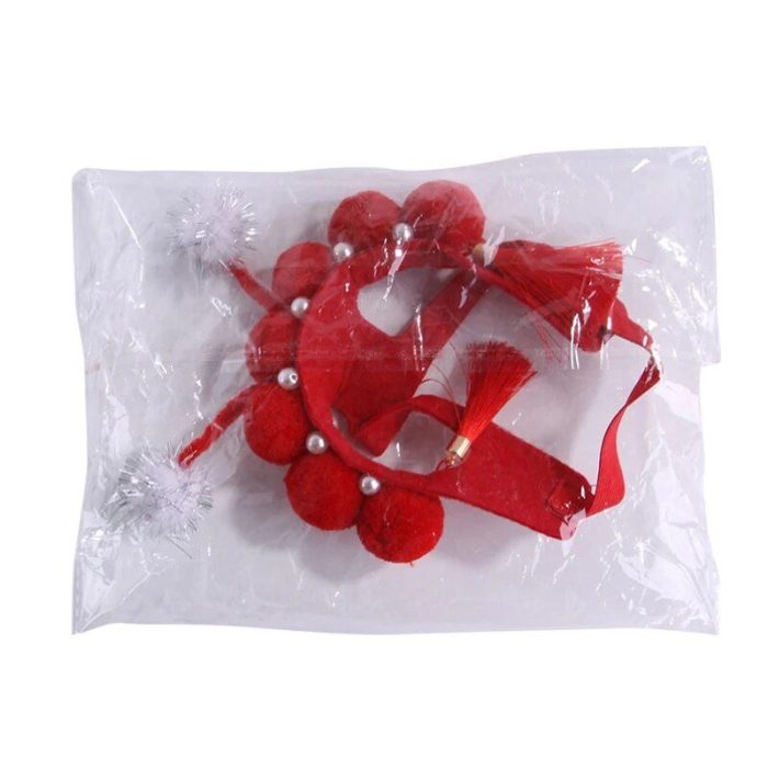 Red pom-pom headband with white fluff decorations and attached beads, perfect as a charming accessory for 10320-b37997.jpg, packaged in a transparent plastic bag.