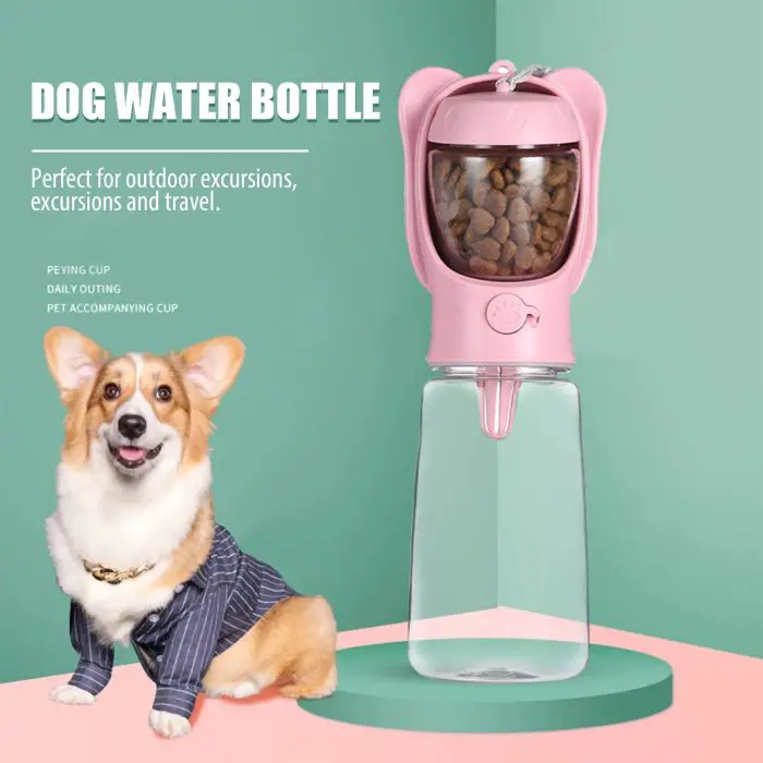 A 10329-455622.jpg with a pink top and transparent body, designed for outdoor excursions. A corgi dog, dressed in a pet suit, sits next to the bottle. Text describes the bottle's features and uses. Perfect for keeping your furry friend hydrated on adventures.