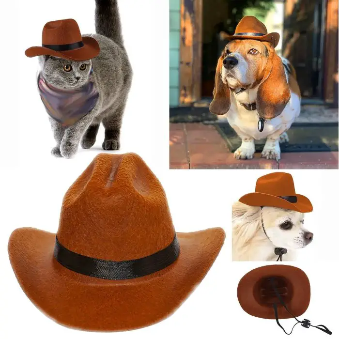 An image collage shows three pets—a cat, a Basset Hound, and a small dog—all sporting the same type of 10355-4b28f3.jpg. A close-up also reveals a brown 10355-4b28f3.jpg with a black band, adding to the Western charm.