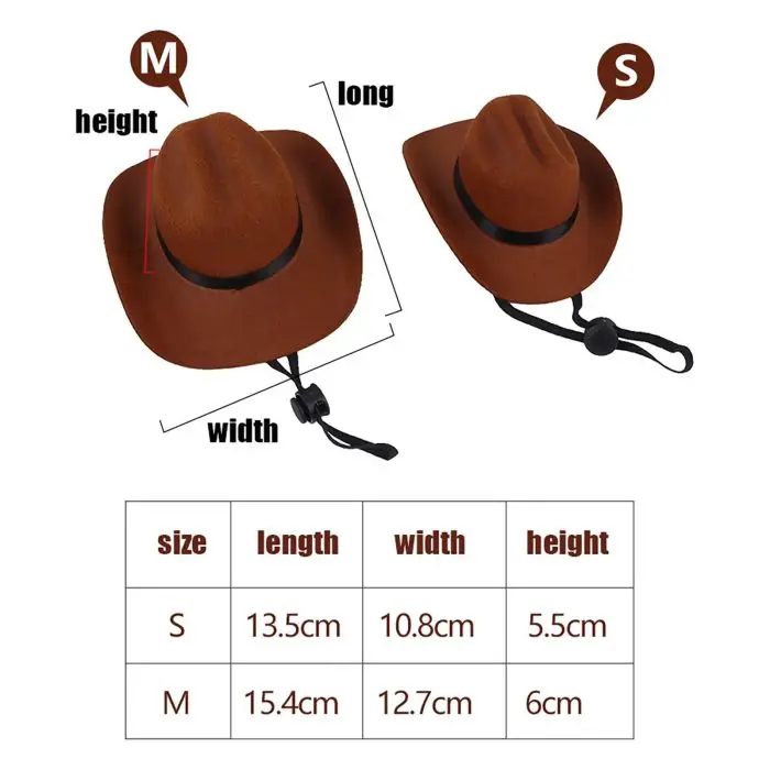 Two brown hats of different sizes (M and S) are compared with their length, width, and height dimensions listed in a table below. The 10355-c43220.jpg is larger and taller than the S hat. Both are styled as pet cowboy hats, adding a charming touch to your furry friend's wardrobe.