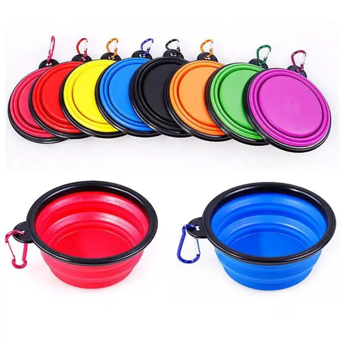 10365-8e4194.jpg in various colors with attached carabiners, displayed both folded and expanded, offering a convenient solution for pet bowl storage.