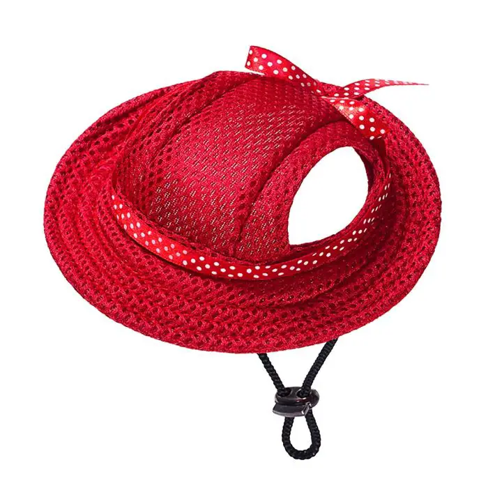 A charming red woven dog hat featuring a delightful polka dot ribbon and an adjustable black chin strap, named 10388-5192b8.jpg.