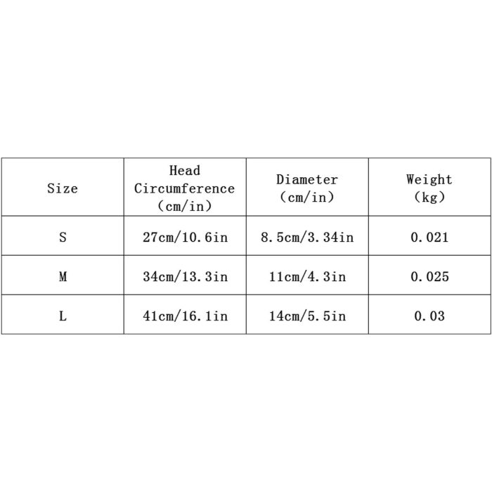 A table displaying size options (S, M, L) for 10388-f35fa2.jpg with head circumference, diameter, and weight measurements in both centimeters/inches and kilograms.