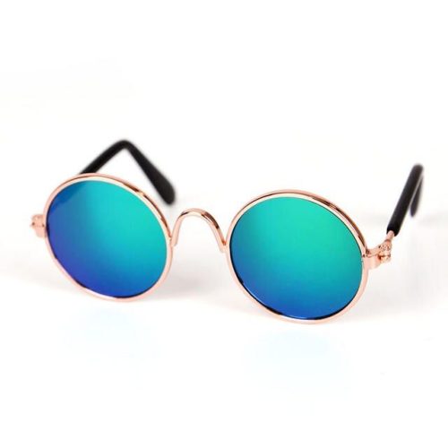 10416-92498a.jpg with rose gold frames and blue-green reflective lenses sit stylishly against a white background, exuding a subtle cat-eye charm.